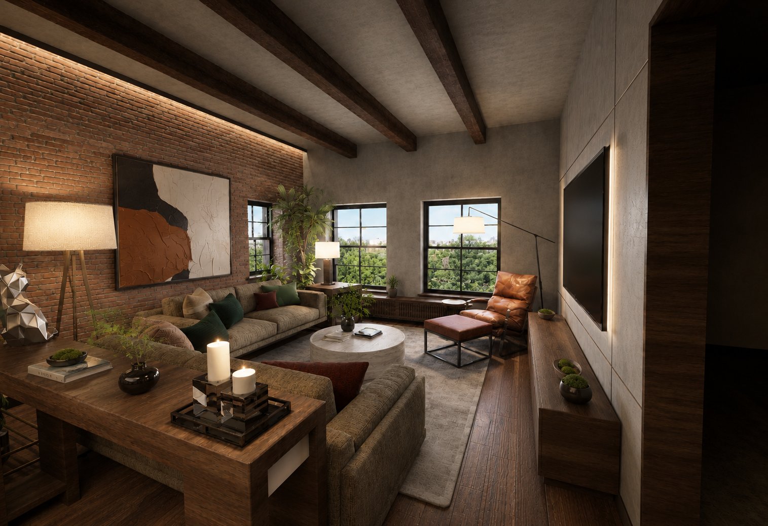 The redesigned living room: sectional seating, layered lighting and a leather lounge chair against exposed brick
